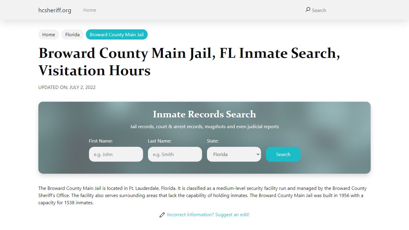 Broward County Main Jail, FL Inmate Search, Visitation Hours